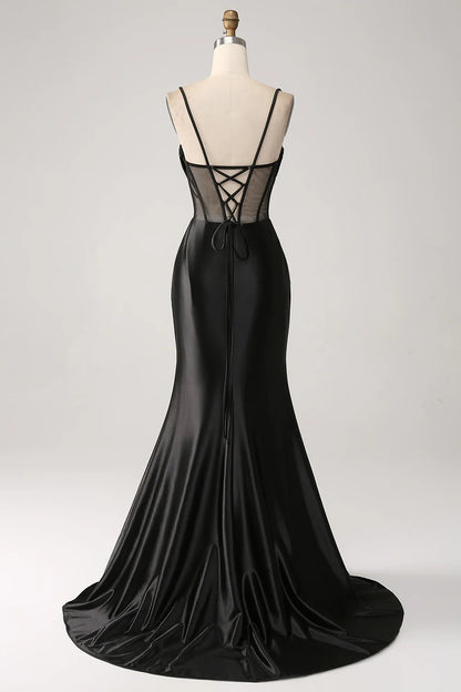 Wholesale Mermaid Sweetheart Black Satin Long Prom Dress With Beading