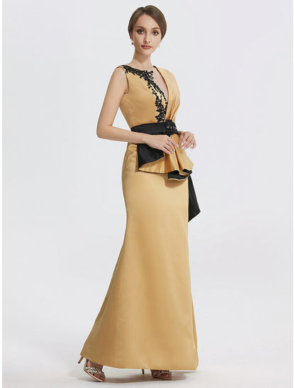 Wholesa  Sheath / Column Evening Gown Elegant Dress Formal Floor Length Sleeveless Jewel Neck Satin with Embroidery Appliques