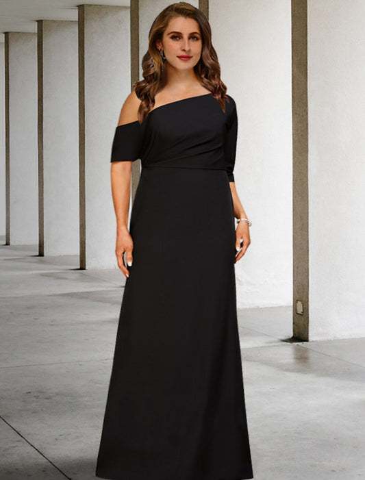 Wholesale A-Line Plus Size Curve Mother of the Bride Dresses Vintage Dress Party Wear Floor Length 3/4 Length Sleeve One Shoulder Stretch Fabric with Ruched