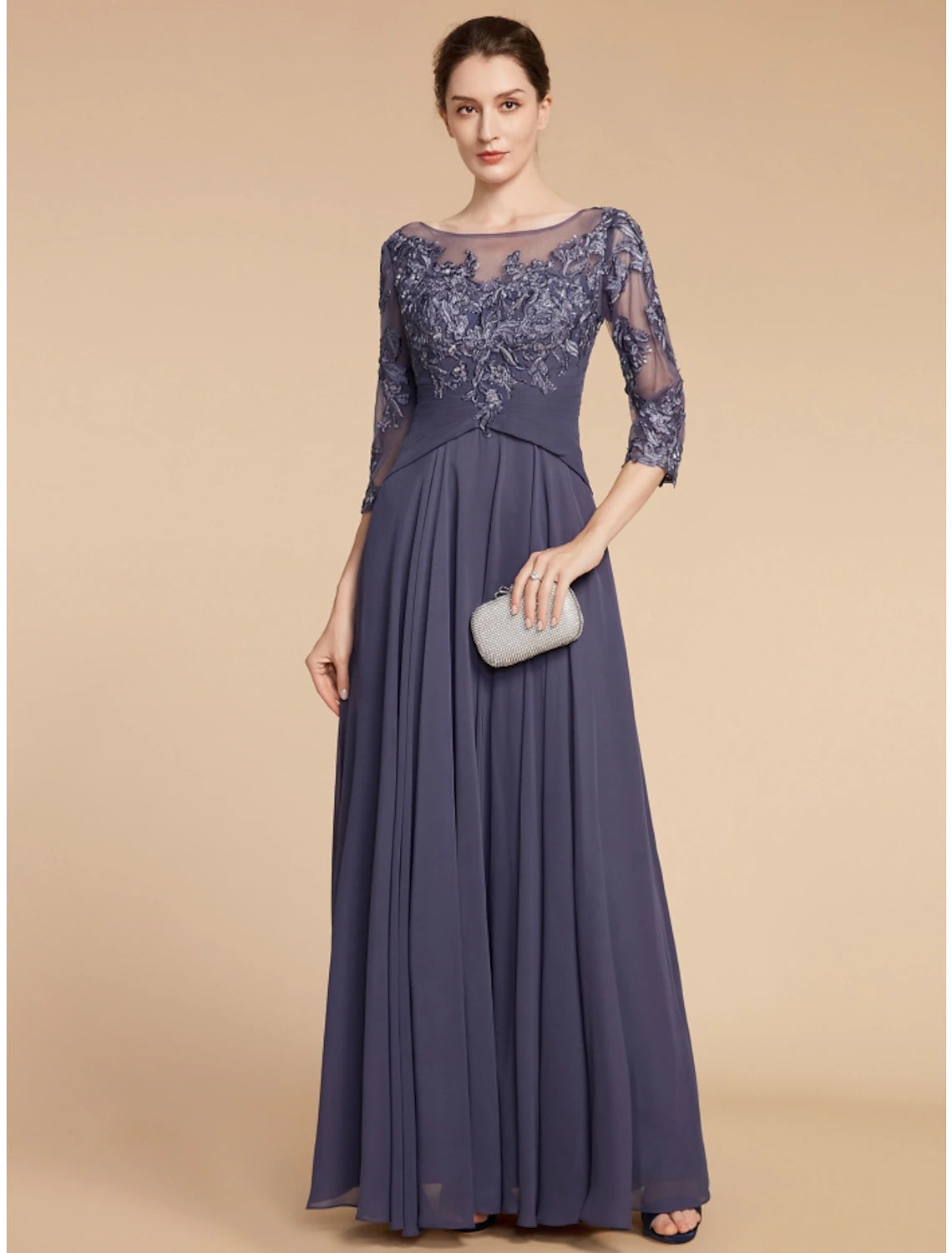 Wholesa A-Line Mother of the Bride Dress Wedding Guest Elegant Scoop Neck Floor Length Chiffon Lace 3/4 Length Sleeve with Ruching Solid Color