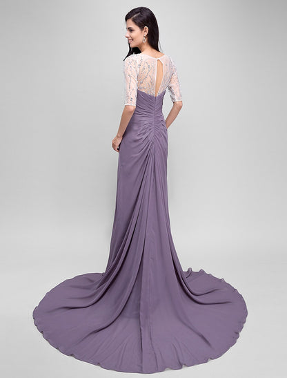 wholesale  A-Line Mother of the Bride Dress Elegant Scoop Neck Floor Length Chiffon Half Sleeve No with Criss Cross Beading