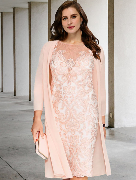 wholesale  Two Piece Sheath / Column Mother of the Bride Dresses Plus Size Hide Belly Curve Elegant Dress Formal Knee Length Half Sleeve Jewel Neck Chiffon with Beading Appliques