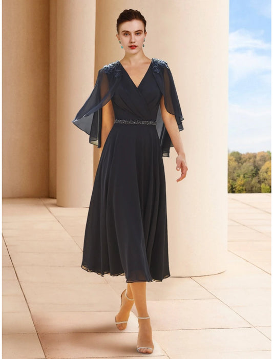 Wholesa  A-Line Mother of the Bride Dress Wedding Guest Elegant Petite V Neck Tea Length Chiffon Half Sleeve with Sequin Ruching