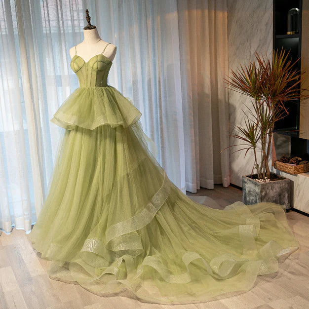 Beautiful Light Green Tulle Layers Ball Gown Wedding Party Dress Long Evening Dress Prom Dress Wholesale