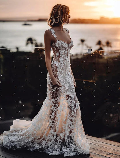 Wholesale Beach Sexy Boho Wedding Dresses Mermaid / Trumpet Sweetheart Regular Straps Court Train Lace Bridal Gowns With Appliques Summer Fall Wedding Party