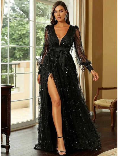 Wholesa A-Line Evening Gown Elegant Dress Formal Sweep / Brush Train Long Sleeve V Neck Sequined with Glitter Slit Strappy