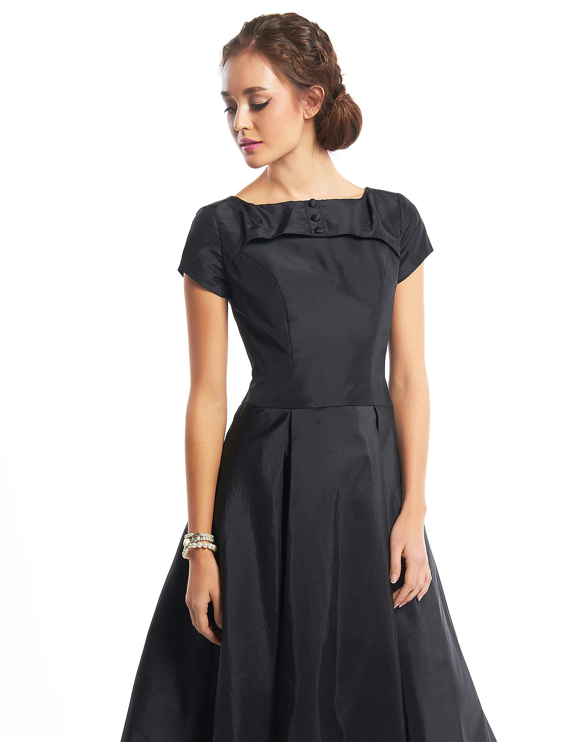 Wholesa A-Line Black Dress Vintage Homecoming Wedding Guest Tea Length Short Sleeve Boat Neck Taffeta with Buttons