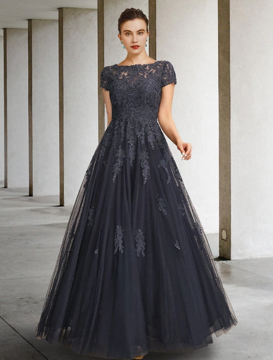 wholesale Ball Gown Mother of the Bride Dress Luxurious Elegant Jewel Neck Floor Length Lace Tulle Short Sleeve with Crystals Appliques