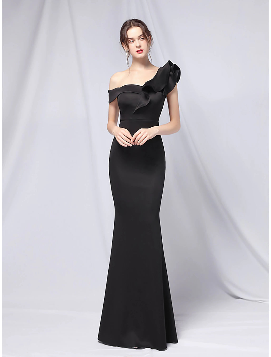 Wholesa Mermaid Party Dress Evening Gown Empire Dress Wedding Guest Formal Evening Floor Length Short Sleeve One Shoulder Stretch Satin with Ruffles