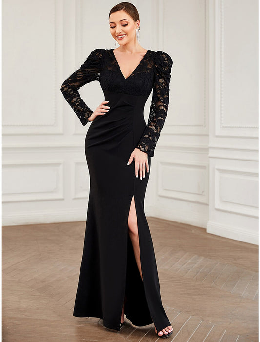 wholesale A-Line Evening Gown Vintage Dress Formal Floor Length Long Sleeve V Neck Lace with Pure Color