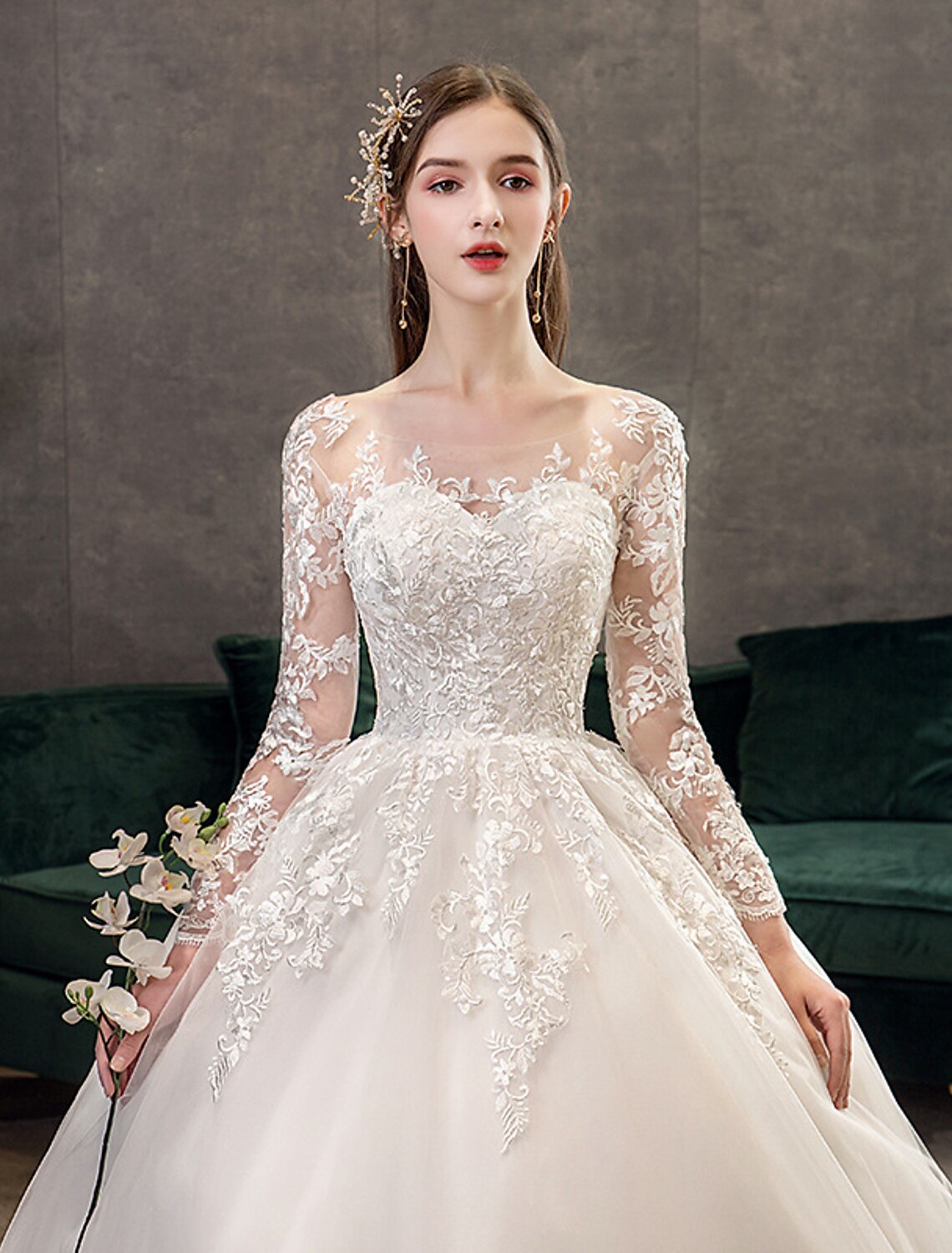 Wholesale Engagement Formal Fall Wedding Dresses Ball Gown Illusion Neck Long Sleeve Cathedral Train Lace Bridal Gowns With Pleats Appliques 2023 Summer Wedding Party