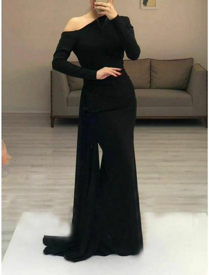 Wholesa Sheath / Column Evening Gown Elegant Dress Formal Evening Floor Length Long Sleeve One Shoulder Fall Wedding Guest Stretch Fabric with Sleek Ruched