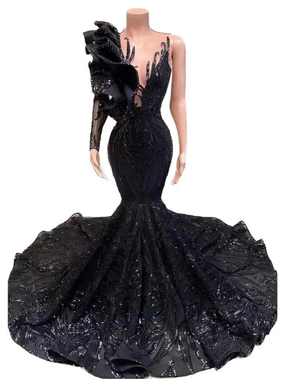 Wholesa Mermaid / Trumpet Evening Gown Floral Dress Carnival Formal Chapel Train Long Sleeve One Shoulder African American Sequined with Sequin