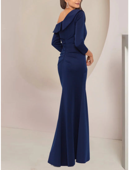 Wholesa A-Line Mother of the Bride Dress Wedding Guest Elegant Party Off Shoulder Floor Length Stretch Fabric Long Sleeve with Ruffles Ruching Solid Color