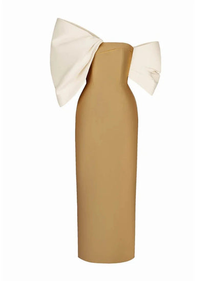 Wholesa Sheath / Column Evening Gown Elegant Dress Formal Tea Length Half Sleeve Off Shoulder Satin with Bow(s) Ruched