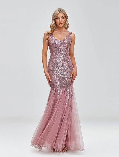 Wholesa Mermaid / Trumpet Evening Gown Sparkle Dress Wedding Guest Formal Evening Floor Length Sleeveless V Neck Tulle V Back with Sequin Splicing