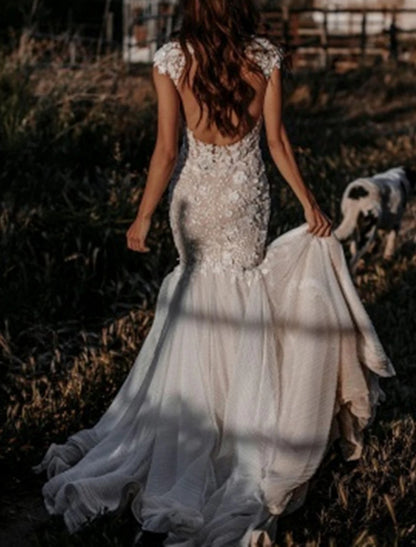 Wholesa Beach Wedding Dresses Mermaid / Trumpet V Neck Cap Sleeve Court Train Lace Bridal Gowns With Appliques