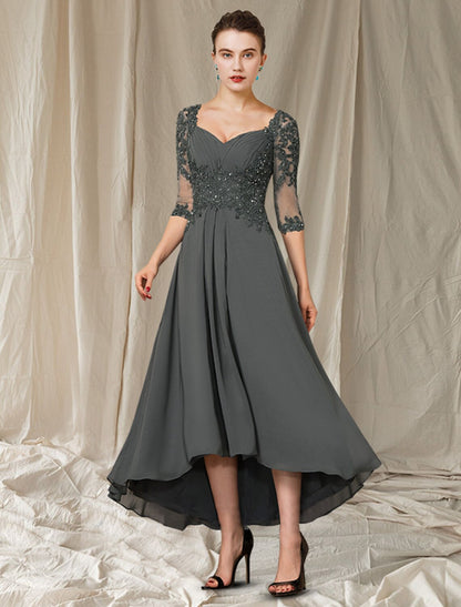 wholesale  A-Line Mother of the Bride Dress Elegant High Low V Neck Asymmetrical Ankle Length Chiffon Lace Half Sleeve with Pleats Appliques