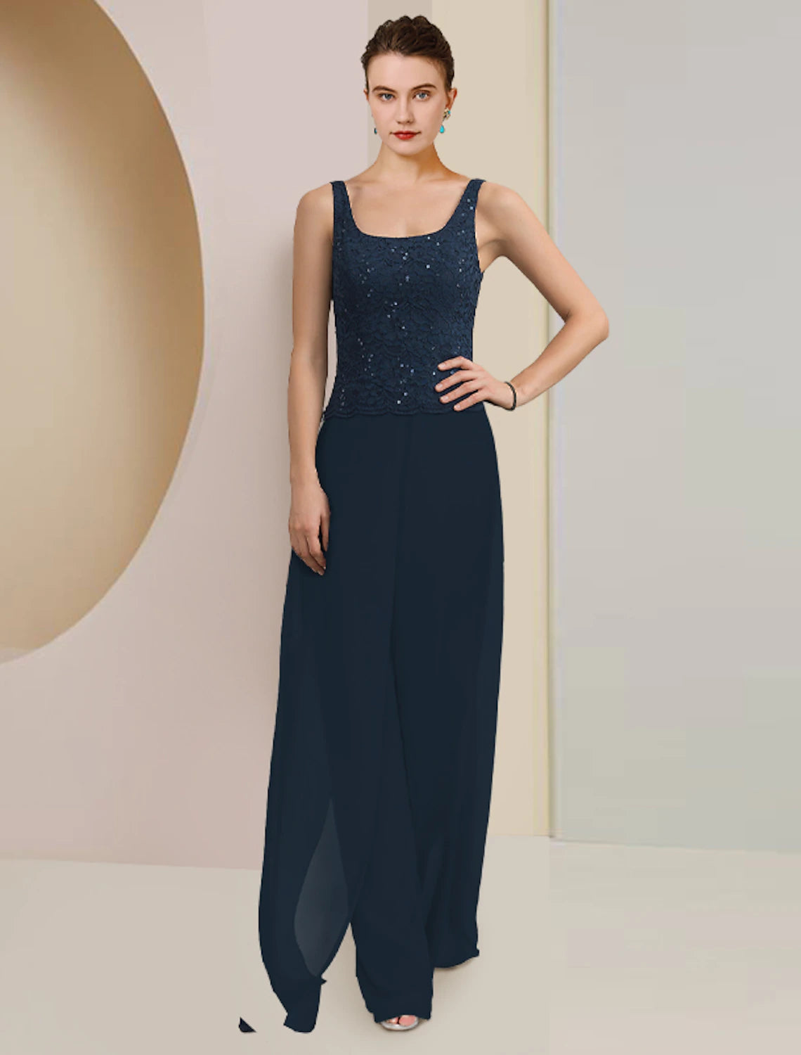 wholesale  Jumpsuit / Pantsuit 3 Piece Mother of the Bride Dress Formal Wedding Guest Plus Size Elegant Scoop Neck Floor Length Chiffon Lace Sleeveless Wrap Included with Sequin