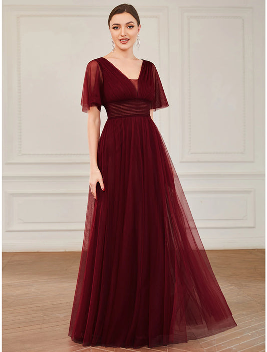 Wholesa A-Line Bridesmaid Dress V Neck Short Sleeve Plus Size Floor Length Tulle with Ruffles / Draping /  Butterfly Sleeve