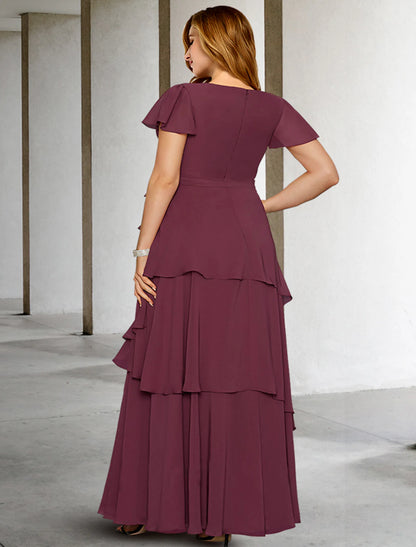 Wholesa  A-Line Mother of the Bride Dresses Plus Size Hide Belly Curve Vintage Dress Formal Floor Length Short Sleeve V Neck Chiffon with Ruffles Strappy Fall