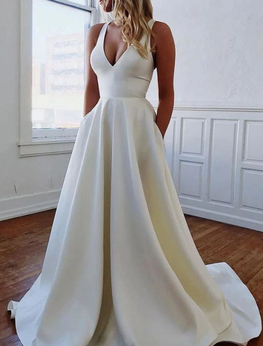 Wholesa Simple Wedding Dresses A-Line V Neck Sleeveless Sweep / Brush Train Satin Bridal Gowns With Pocket