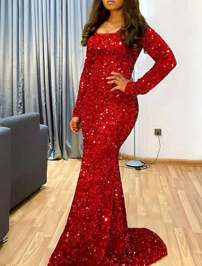 Wholesa Mermaid Evening Gown Sparkle Red Green Dress Dress Formal Wedding Guest Sweep / Brush Train Long Sleeve Scoop Neck Sequined with Sequin