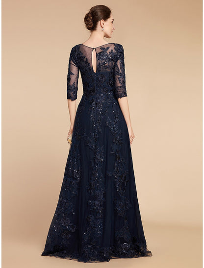 Wholesa  A-Line Mother of the Bride Dress Formal Wedding Guest Elegant Party Scoop Neck Floor Length Chiffon Lace 3/4 Length Sleeve with Sequin Appliques