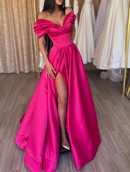 Wholesa A-Line Evening Gown Party Dress Sexy Dress Prom Birthday Floor Length Short Sleeve Off Shoulder Satin with Slit Pure Color