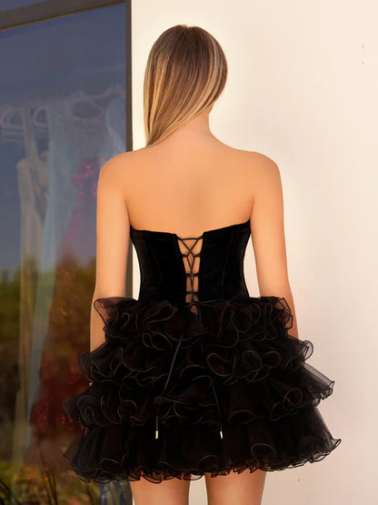 Wholesale Black Graduation Dresses Velvet Sweetheart Ruffles Short Homecoming Dress