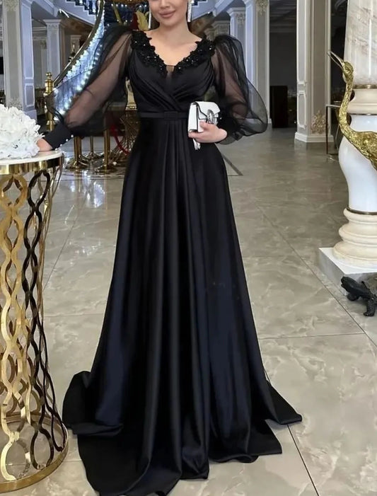 Wholesa A-Line Evening Gown Elegant Dress Formal Floor Length Long Sleeve V Neck Satin with Appliques