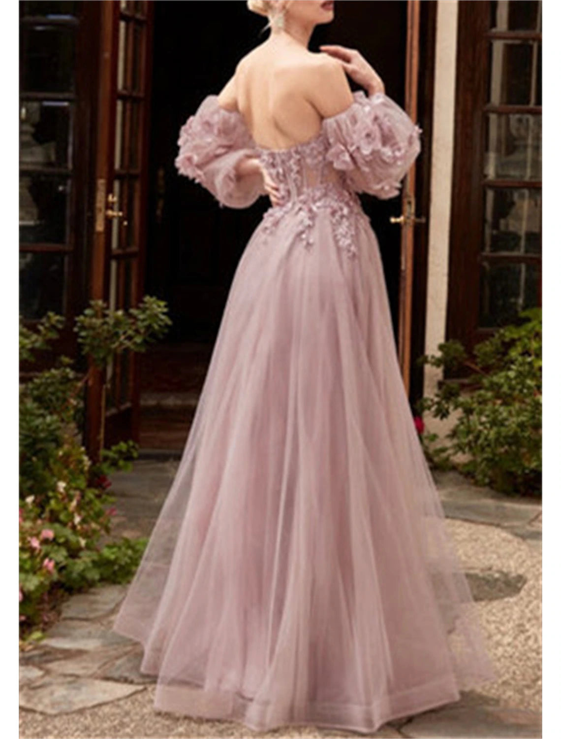 Wholesa A-Line Prom Dresses Corsets Dress Formal Evening Party Court Train Long Sleeve Strapless Tulle with Appliques