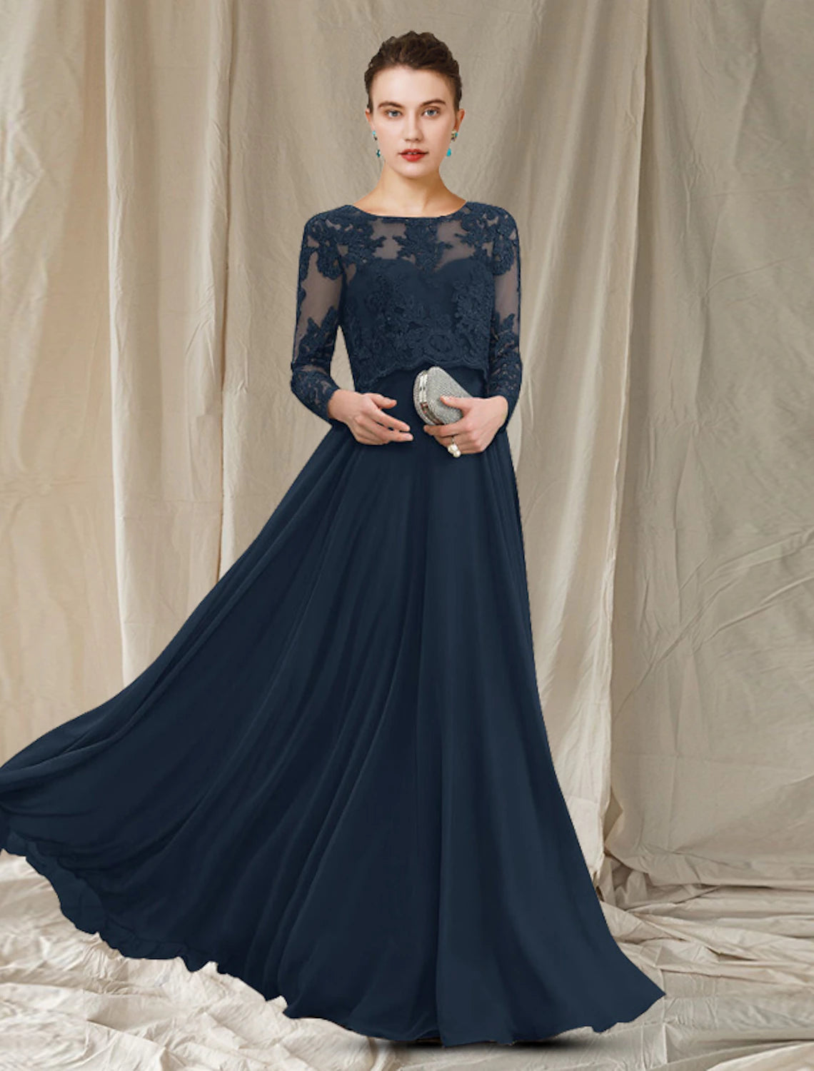 wholesale  A-Line Mother of the Bride Dress Elegant Jewel Neck Floor Length Chiffon Lace Long Sleeve with Appliques