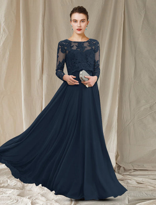 wholesale  A-Line Mother of the Bride Dress Elegant Jewel Neck Floor Length Chiffon Lace Long Sleeve with Appliques