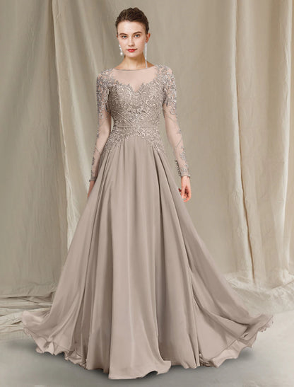 wholesale A-Line Mother of the Bride Dress Luxurious Elegant Jewel Neck Floor Length Chiffon Lace Long Sleeve with Pleats Appliques