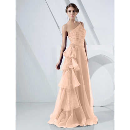 Wholesa A-Line Elegant Dress Formal Evening Military Ball Floor Length Sleeveless One Shoulder Organza with Side Draping Cascading Ruffles