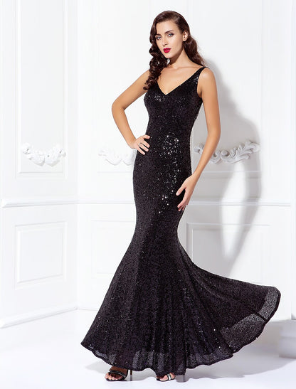 Wholesa Sheath / Column Sparkle & Shine Dress Wedding Guest Prom Floor Length Sleeveless V Neck Sequined V Back with Sequin