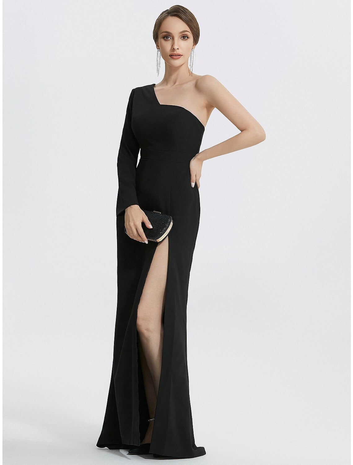 Wholesa  Mermaid Evening Gown Elegant Black Dress Wedding Guest Prom Floor Length Long Sleeve One Shoulder Stretch Fabric with Slit