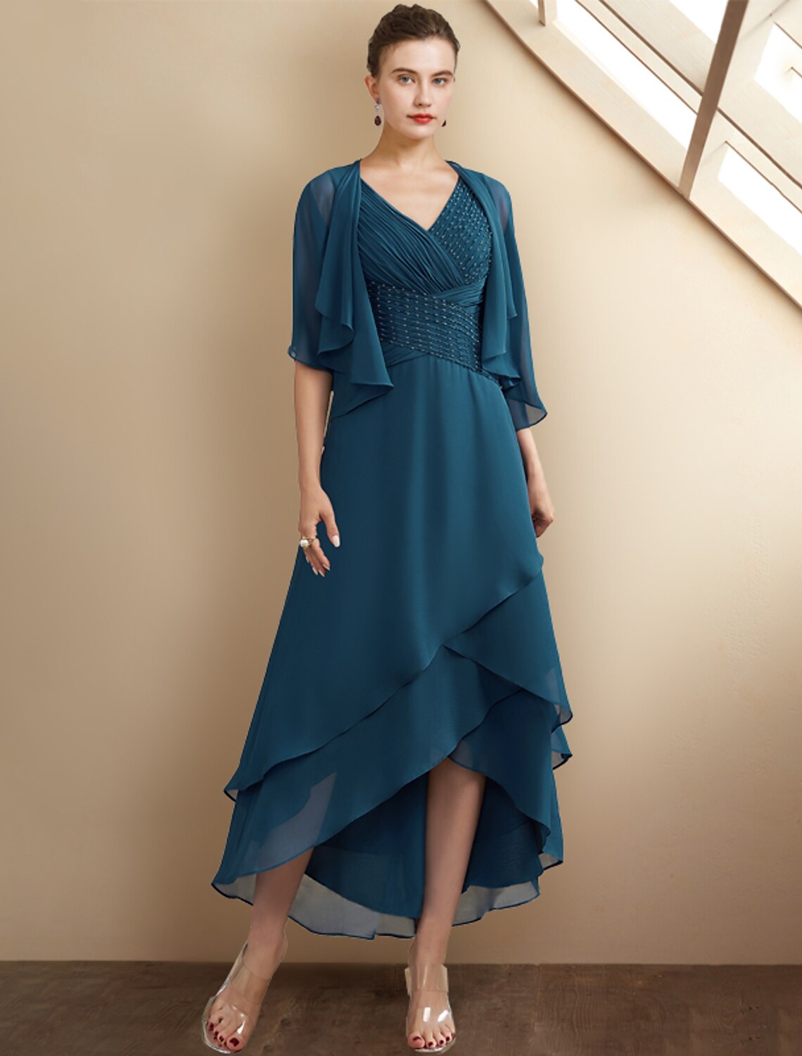 wholesale  A-Line Mother of the Bride Dress Elegant High Low V Neck Asymmetrical Tea Length Chiffon Sleeveless Wrap Included with Beading Cascading Ruffles Side-Draped