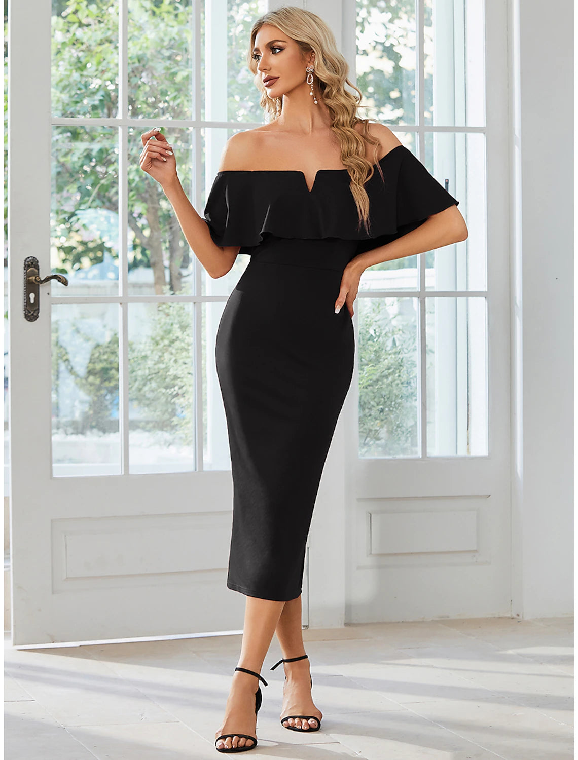 Wholesale Sheath / Column Wedding Guest Dresses Minimalist Dress Party Wear Tea Length Short Sleeve Off Shoulder Stretch Fabric with Slit Pure Color