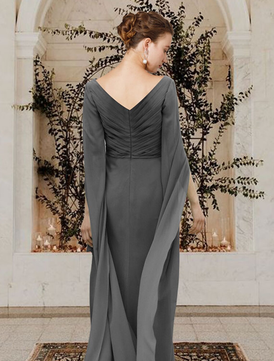 Wholesa  Sheath / Column Mother of the Bride Dress Elegant V Neck Floor Length Chiffon Half Sleeve with Beading Side-Draped