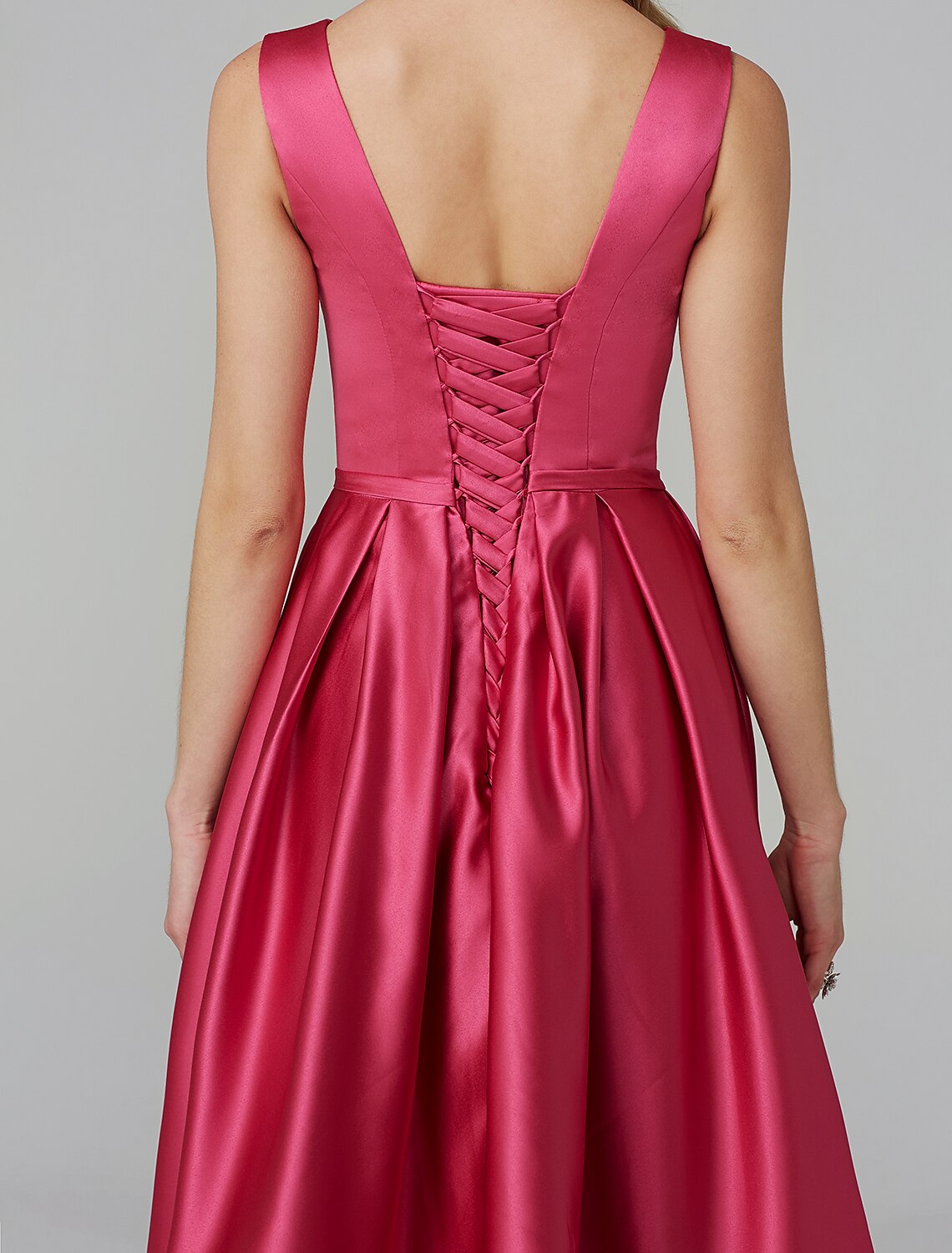 Wholesa A-Line Party Dress Wedding Guest Cocktail Party Knee Length Sleeveless V Wire Pink Dress Satin with Sash / Ribbon