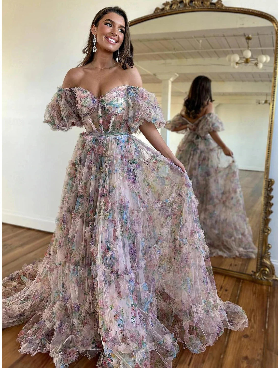 Wholesa A-Line Prom Dresses Floral Dress Wedding Guest Quinceanera Floor Length Short Sleeve Sweetheart Tulle with Ruffles