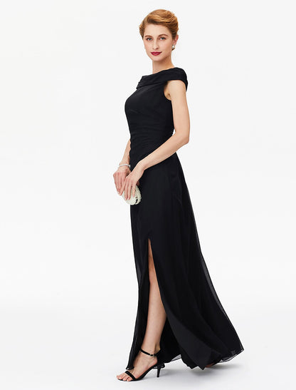 Wholesa Sheath / Column Mother of the Bride Dress Furcal Off Shoulder Floor Length Chiffon Short Sleeve No with Pleats Split Front