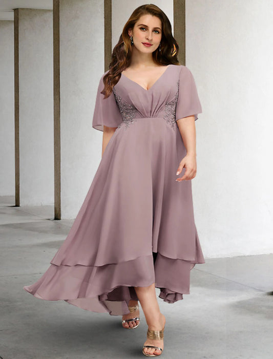 Wholesa A-Line Mother of the Bride Dresses Plus Size Hide Belly Curve Elegant Dress Formal Asymmetrical Short Sleeve V Neck Chiffon with Ruffles Appliques