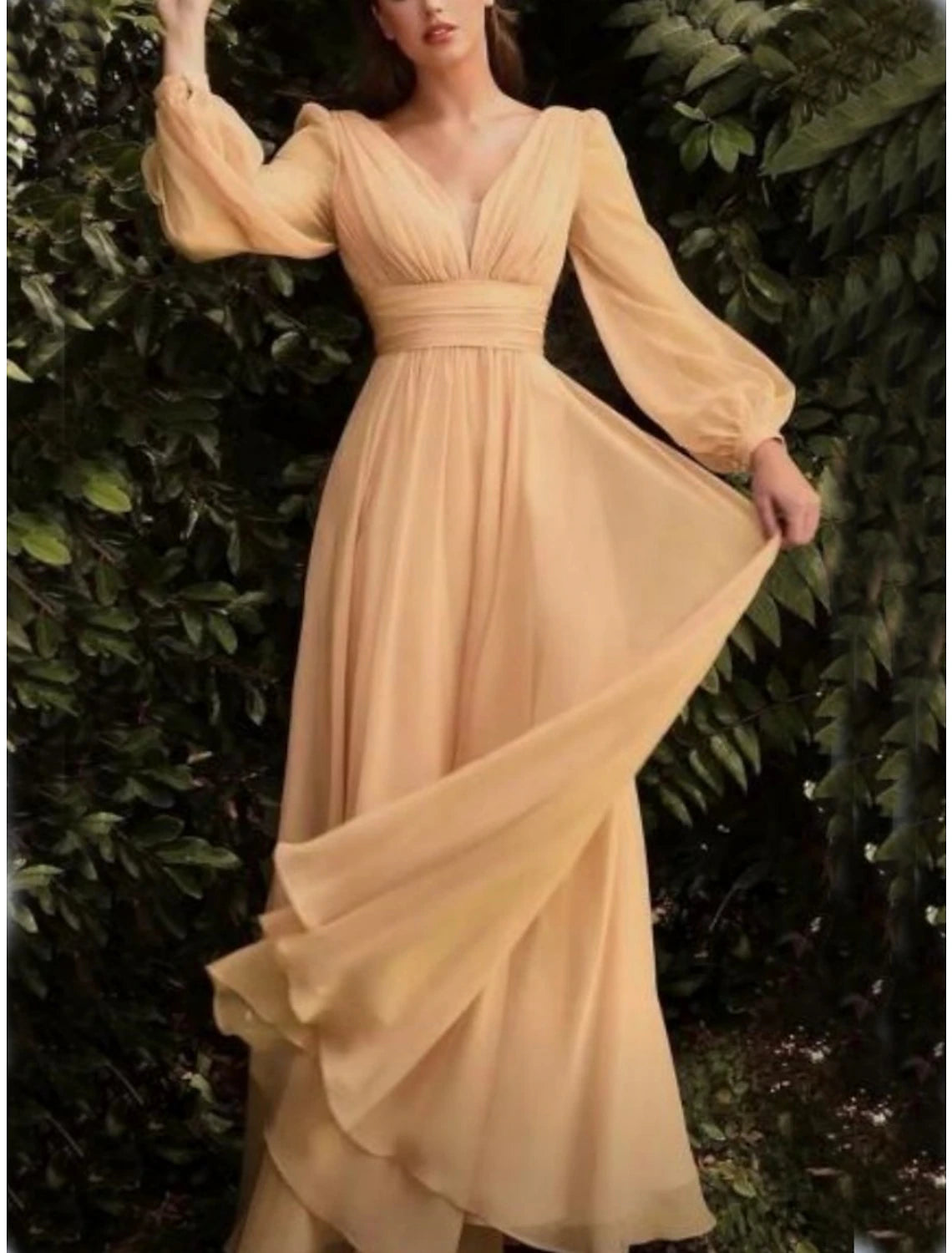 Wholesa Sheath / Column Wedding Guest Dresses Elegant Dress Party Dress Floor Length Long Sleeve V Neck Fall Wedding Guest Chiffon with Pleats Slit