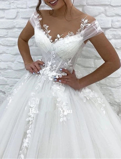 Wholesa Formal Wedding Dresses Ball Gown V Neck Cap Sleeve Chapel Train Lace Bridal Gowns With Appliques