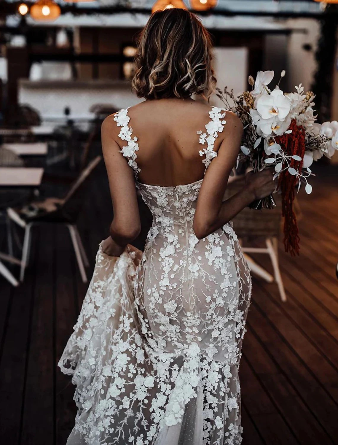 Wholesale Beach Sexy Boho Wedding Dresses Mermaid / Trumpet Sweetheart Regular Straps Court Train Lace Bridal Gowns With Appliques Summer Fall Wedding Party