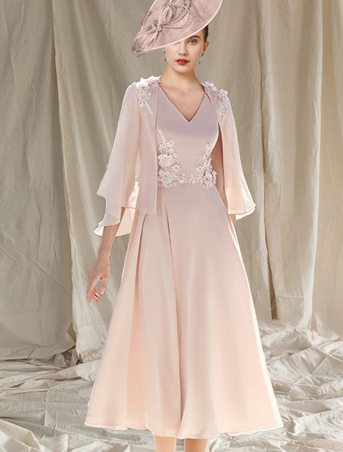 Wholesa  Two Piece A-Line Mother of the Bride Dress Wedding Guest Church Elegant V Neck Tea Length Chiffon Sleeveless Wrap Included with Appliques