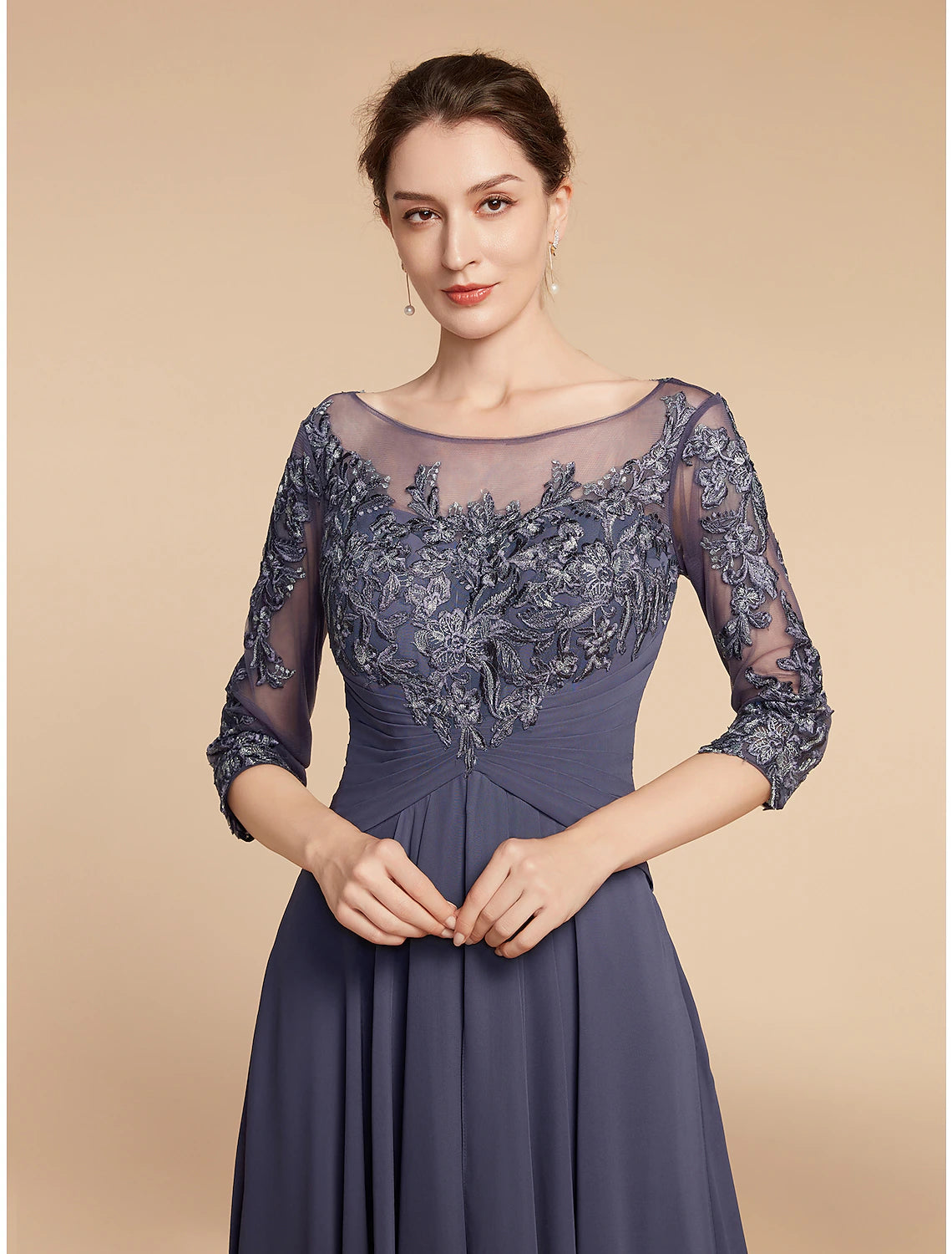 Wholesa  A-Line Mother of the Bride Dress Elegant V Neck Floor Length Chiffon Lace 3/4 Length Sleeve with Ruffles Appliques